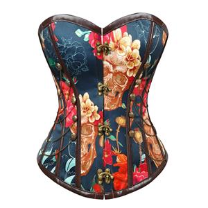 Steampunk Floral Print Steel Boned Busk Closure Strapless Outerwear Corset N20882