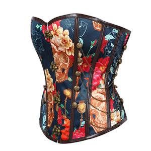 Steampunk Floral Print Steel Boned Busk Closure Strapless Outerwear Corset N20882