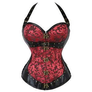 Women's Steampunk Gothic Red Steel Boned Jacquard Halter Overbust Corset N20893