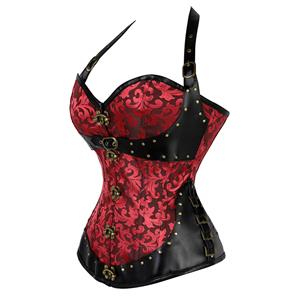 Women's Steampunk Gothic Red Steel Boned Jacquard Halter Overbust Corset N20893