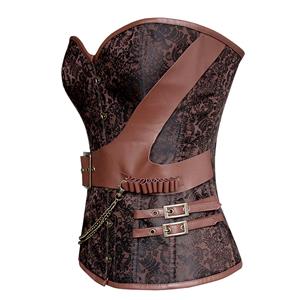 Steampunk Steel Boned Retro Brown Jacquard PU Leather Overbust Corset with a Little Defect N20175