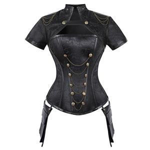 Steampunk Black High Neck Steel Boned Outerwear Corset With Short Sleeve Jacket N20890