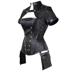 Steampunk Black High Neck Steel Boned Outerwear Corset With Short Sleeve Jacket N20890