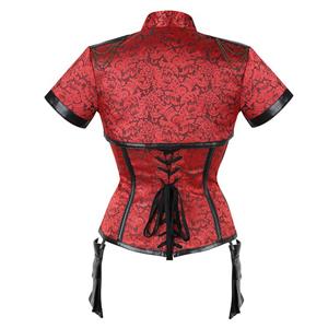 Steampunk Red High Neck Steel Boned Outerwear Corset With Short Sleeve Jacket N20891