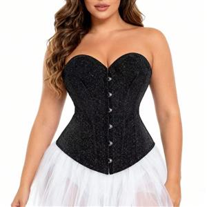Black Sequin Vintage Corset Top - Adjustable Front Lace-Up Bustier with Heart Neckline for Christmas Party N237848