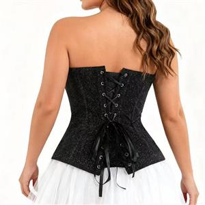 Black Sequin Vintage Corset Top - Adjustable Front Lace-Up Bustier with Heart Neckline for Christmas Party N237848