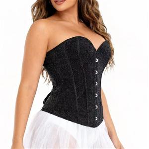 Black Sequin Vintage Corset Top - Adjustable Front Lace-Up Bustier with Heart Neckline for Christmas Party N237848