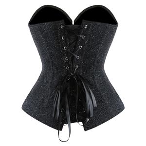 Black Sequin Vintage Corset Top - Adjustable Front Lace-Up Bustier with Heart Neckline for Christmas Party N237848