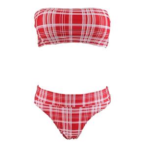 Strapless Bikini Set, Sexy Red Plaid Bikini Set, Red Beachwear Lingerie Set, Bikini Bra Top and Panty Set, Plaid Bikini Set for Women, Fashion Strapless Plaid Bikini Sets, #N17953