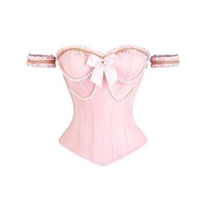 pink corset, back lace-up corset, strapless shapewear, pearl detail corset, bow front bodysuit, vintage corset, heart neckline, waist trainer, romantic shapewear, adjustable bodysuit, special occasion lingerie, bridal corset, photoshoot outfit, feminine shapewear, retro inspired bodysuit #N23847