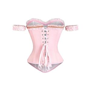 Strapless Vintage Corset in Pink with Back Lace-Up, Pearl & Bow Detail N23847