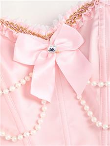 Strapless Vintage Corset in Pink with Back Lace-Up, Pearl & Bow Detail N23847