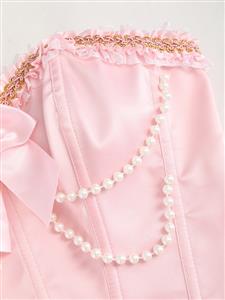 Strapless Vintage Corset in Pink with Back Lace-Up, Pearl & Bow Detail N23847