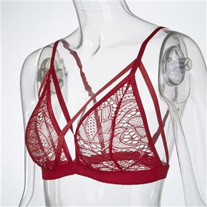 Sexy Red Strappy See-through Hollow Out Floral Lace Lingerie Bra N16456