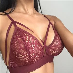 Sexy Wine Red Strappy See-through Hollow Out Floral Lace Lingerie Bra N16457