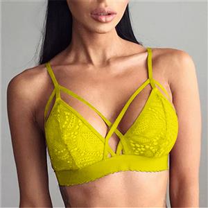 Sexy Yellow Strappy See-through Hollow Out Floral Lace Lingerie Bra N16461