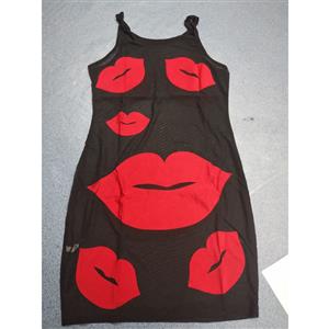 Summer Fashion Sexy Round Neck Red Lip Print Patterns Mini Vest Dress N18957
