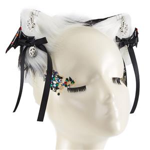 Gothic Lolita Lint Cat Ear Bat Diamond Edge Clamp Halloween Hair Accessory J22973