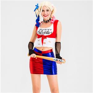 5pcs Supervillain Harley Suicide Red and Blue Mini Skirt Halloween Anime Cosplay Costume N19879
