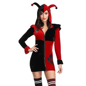 Women's Jester Costume, Clown Cosplay Costume, Batman Harley Quinn Costume Women, Misfit Hipster Costume, Suicide Squad Costume, Evil Clown Halloween Costume, #N19124