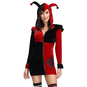 Adult Supervillain Harley Joker Black and Red Clown Hooded Mini Dress Costume N19124