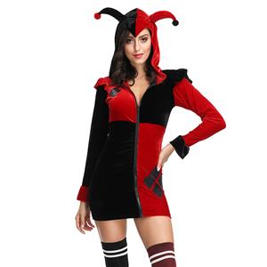 Adult Supervillain Harley Joker Black and Red Clown Hooded Mini Dress Costume N19124