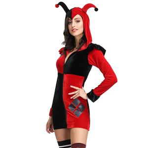 Adult Supervillain Harley Joker Black and Red Clown Hooded Mini Dress Costume N19124