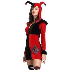 Adult Supervillain Harley Joker Black and Red Clown Hooded Mini Dress Costume N19124