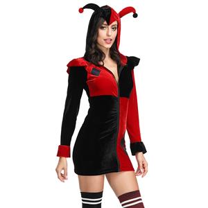 Adult Supervillain Harley Joker Black and Red Clown Hooded Mini Dress Costume N19124