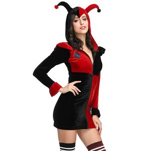 Adult Supervillain Harley Joker Black and Red Clown Hooded Mini Dress Costume N19124