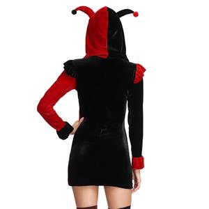 Adult Supervillain Harley Joker Black and Red Clown Hooded Mini Dress Costume N19124