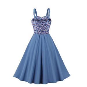 Sweet Blue Print Pattern Spaghetti Straps High Waist V Neck Sleeveless Midi Swing Dress N23030