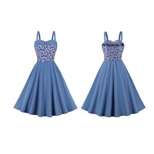 Sweet Blue Print Pattern Spaghetti Straps High Waist V Neck Sleeveless Midi Swing Dress N23030