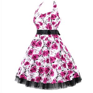 Vintage Sweetheart Neck Halter Backless Flower Print Casual Swing Knee-length Day Dress N14863