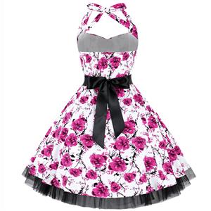 Vintage Sweetheart Neck Halter Backless Flower Print Casual Swing Knee-length Day Dress N14863