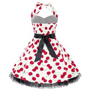 Vintage Sweetheart Neckline Halter Backless Cherry Print Casual Swing Knee-length Dress N14853