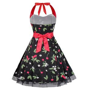 Vintage Sweetheart Neckline Halter Backless Cherry Print Casual Swing Knee-length Dress N14854