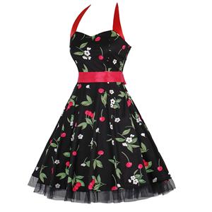 Vintage Sweetheart Neckline Halter Backless Cherry Print Casual Swing Knee-length Dress N14854