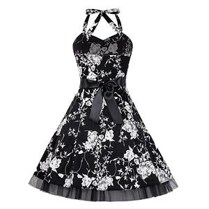 Vintage Sweetheart Neckline Halter Backless Floral  Print Casual Swing Knee-length Dress N14850