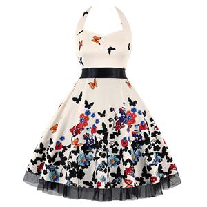 Vintage Sweetheart Neckline Halter Backless Butterfly Flower Print Casual Swing Knee-length Dress N14851