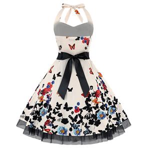 Vintage Sweetheart Neckline Halter Backless Butterfly Flower Print Casual Swing Knee-length Dress N14851