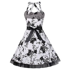 Vintage Sweetheart Neckline Halter Backless Flower Print Casual Swing Knee-length Dress N14849
