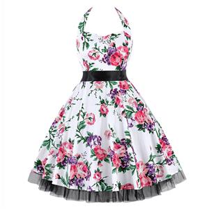 Vintage Sweetheart Neckline Halter Backless Flower Print Casual Swing Knee-length Dress N14858