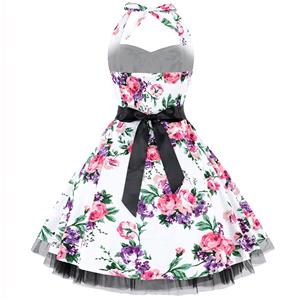 Vintage Sweetheart Neckline Halter Backless Flower Print Casual Swing Knee-length Dress N14858