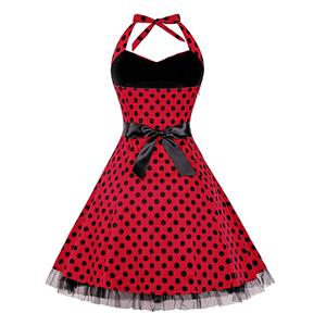 Vintage Sweetheart Neckline Halter Backless Polka Dot Casual Swing Knee-length Dress N14840