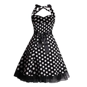 Vintage Sweetheart Neckline Halter Backless Polka Dot Casual Swing Knee-length Dress N14841