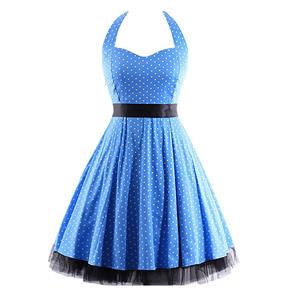 Vintage Sweetheart Neckline Halter Backless Polka Dot Casual Swing Knee-length Dress N14846