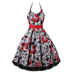 Vintage Sweetheart Neckline Halter Backless Floral Printed High Waist Casual Swing Midi Dress N21359