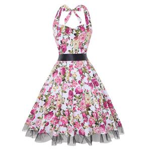 Vintage Sweetheart Neckline Halter Backless Floral Printed High Waist Casual Swing Midi Dress N21361