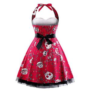 Vintage Sweetheart Neckline Halter Backless Skull Print Casual Swing Knee-length Dress N14862